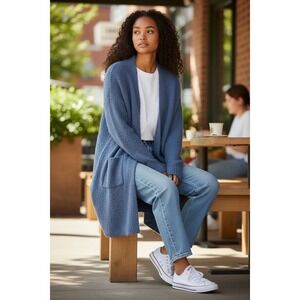 Luna Ivy Dusty Blue Longline Open Front Fuzzy Knit Cardigan Sweater S/M
